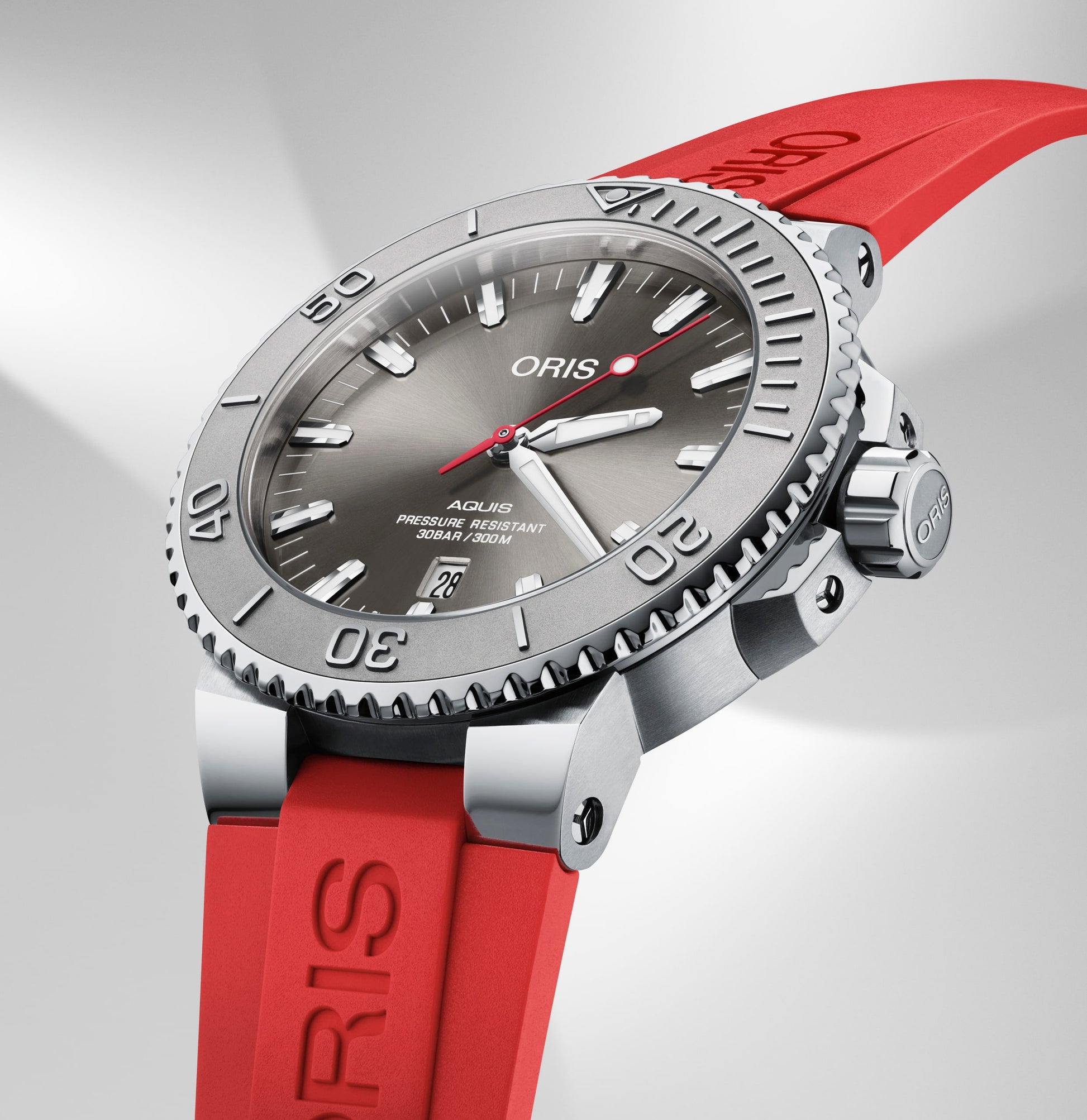 Oris Aquis Date Relief Swiss Automatic Dive Watch, Stainless Steel, Red Rubber Strap