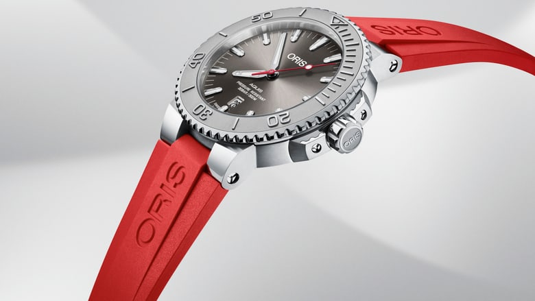Oris Aquis Date Relief Swiss Automatic Dive Watch, Stainless Steel, Red Rubber Strap