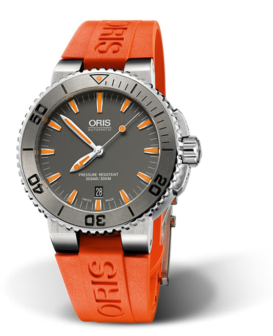 Oris Aquis Date 43mm Automatic Dive Watch - Stainless Steel, Orange Rubber Strap