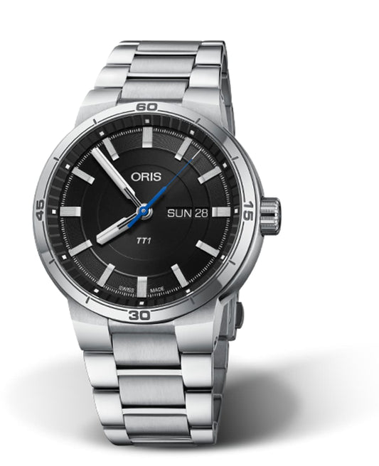 Oris TT1 Day Date Automatic Stainless Steel Men's Watch, Black Dial