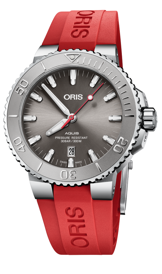 Oris Aquis Date Relief Swiss Automatic Dive Watch, Stainless Steel, Red Rubber Strap