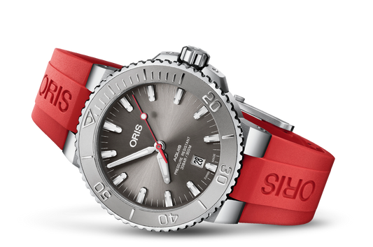 Oris Aquis Date Relief Swiss Automatic Dive Watch, Stainless Steel, Red Rubber Strap