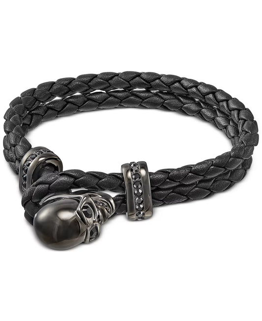 Swarovski Hematite-Tone Skull Woven Black Leather Bracelet