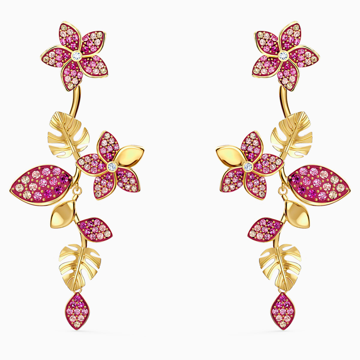 Gold‑Tone Plated Pink Tropical Flower Swarovski Pierced Earrings