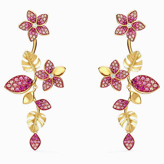 Gold‑Tone Plated Pink Tropical Flower Swarovski Pierced Earrings
