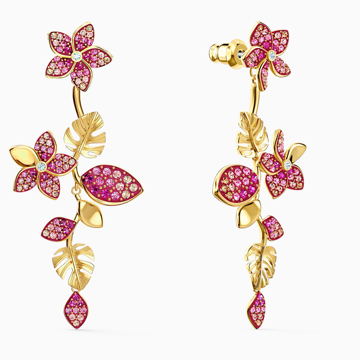 Gold‑Tone Plated Pink Tropical Flower Swarovski Pierced Earrings