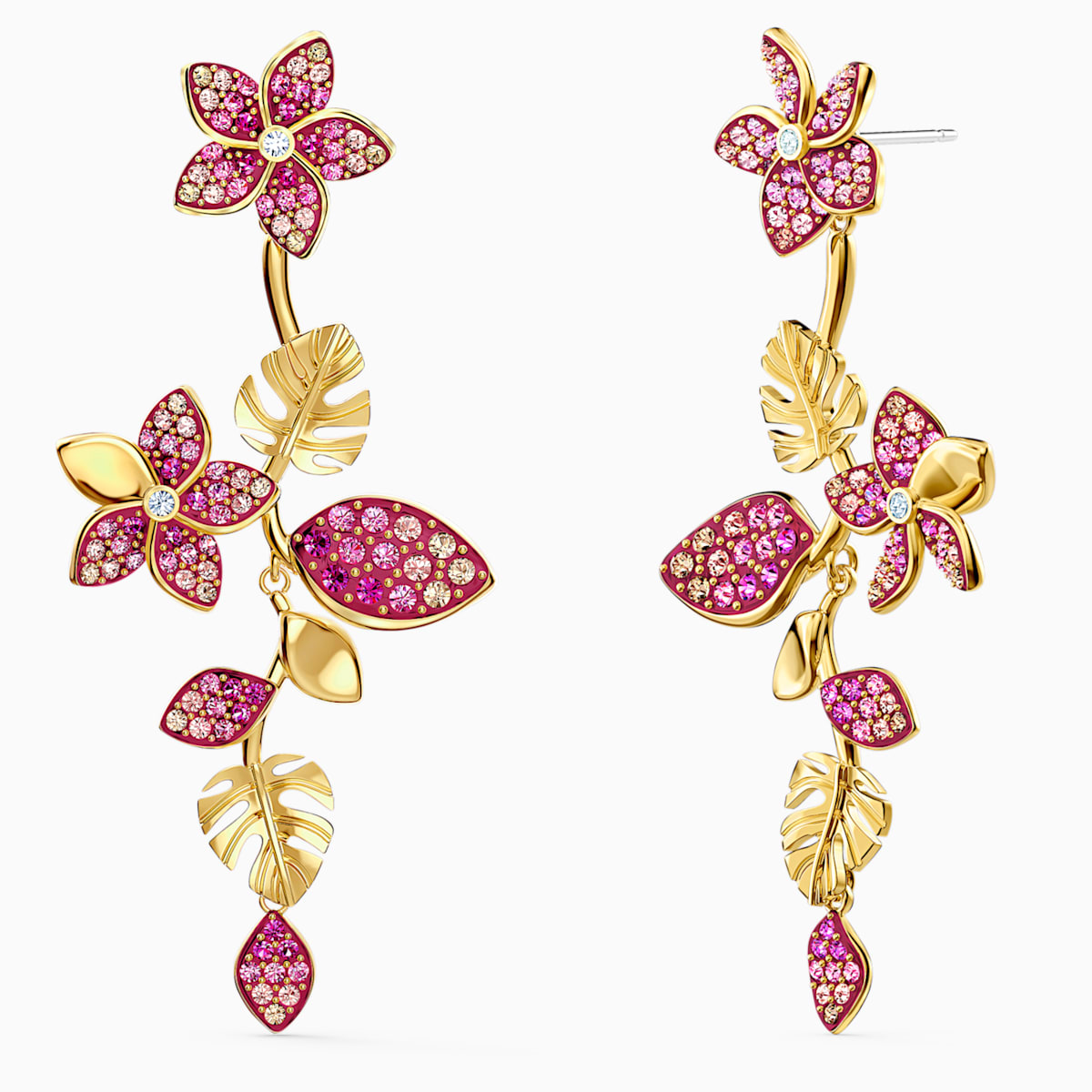 Gold‑Tone Plated Pink Tropical Flower Swarovski Pierced Earrings