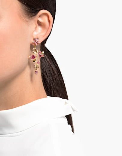 Gold‑Tone Plated Pink Tropical Flower Swarovski Pierced Earrings
