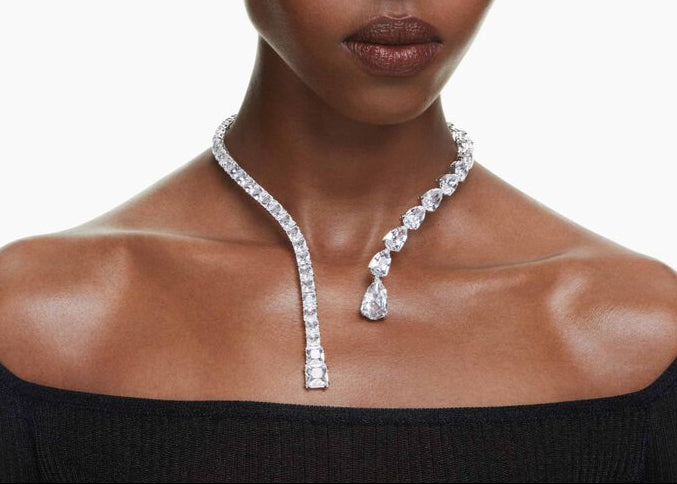 Swarovski Matrix Open Necklace, Mixed White Crystal, Rhodium Plated, Elegant Jewelry