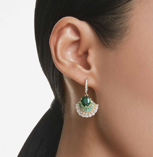 Swarovski Idyllia Shell Drop Earrings, Green Mixed Cut Crystals, Gold-Tone Plated