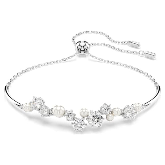 Elegant Constella Rhodium Plated Bangle with White Crystal Pearls and Zirconia