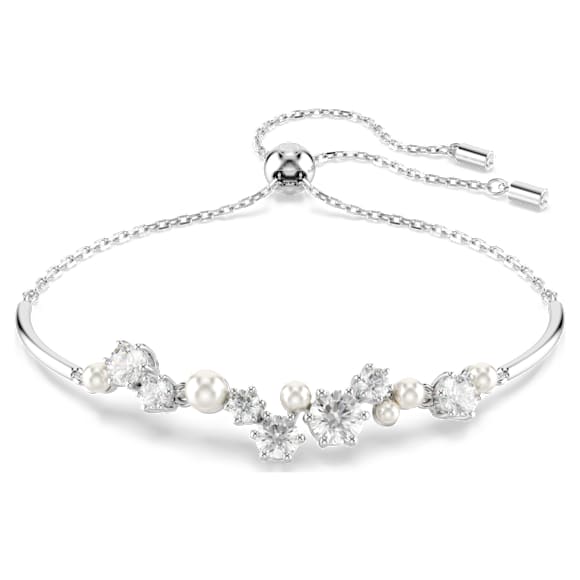 Elegant Constella Rhodium Plated Bangle with White Crystal Pearls and Zirconia