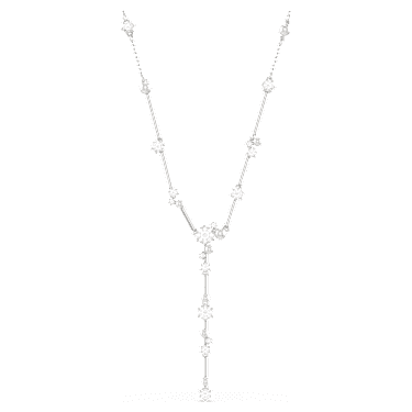 Elegant Constella Y-Necklace: White Crystal Pearls, Round Cuts, Rhodium Plated