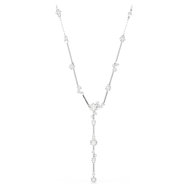 Elegant Constella Y-Necklace: White Crystal Pearls, Round Cuts, Rhodium Plated