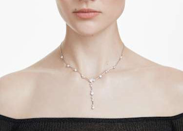 Elegant Constella Y-Necklace: White Crystal Pearls, Round Cuts, Rhodium Plated