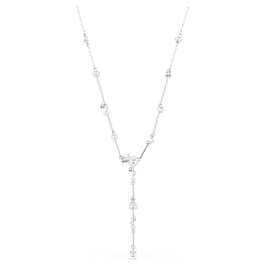 Elegant Constella Y-Necklace: White Crystal Pearls, Round Cuts, Rhodium Plated
