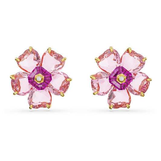 Florere Gold-tone Plated Pink Flower Stud Earrings with Swarovski Crystals