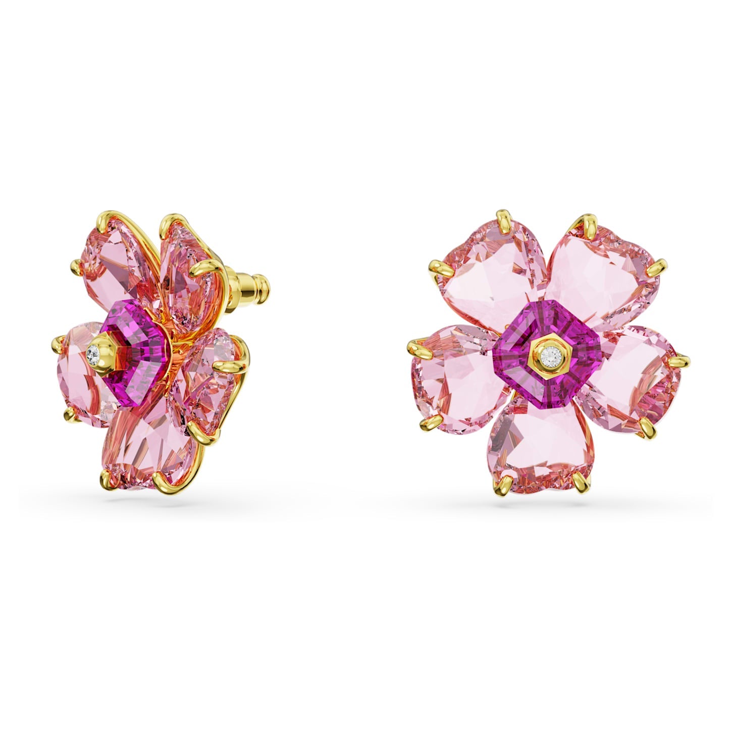 Florere Gold-tone Plated Pink Flower Stud Earrings with Swarovski Crystals