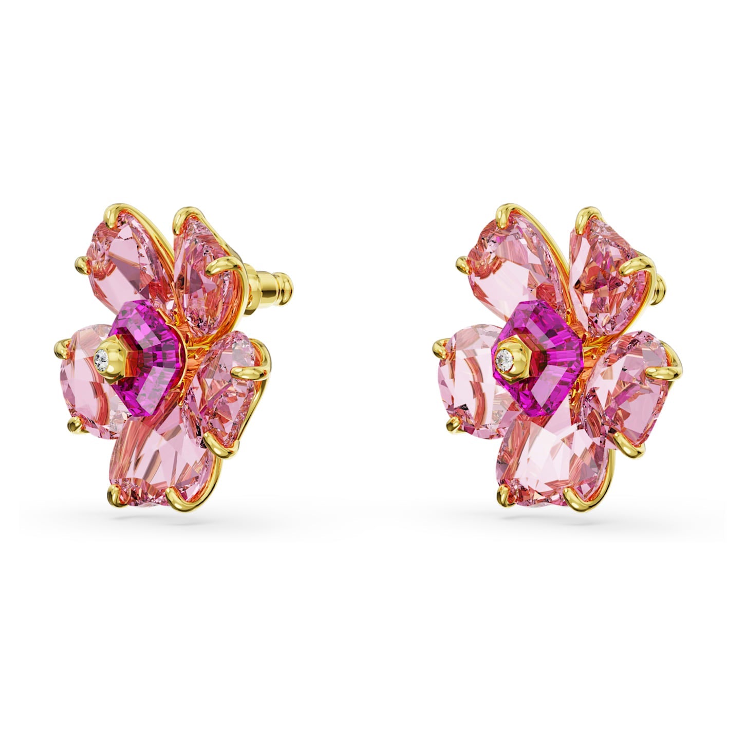 Florere Gold-tone Plated Pink Flower Stud Earrings with Swarovski Crystals