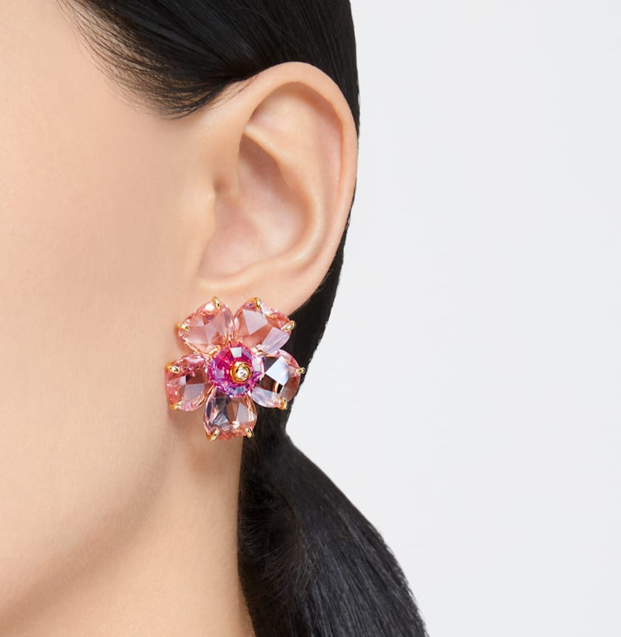 Florere Gold-tone Plated Pink Flower Stud Earrings with Swarovski Crystals