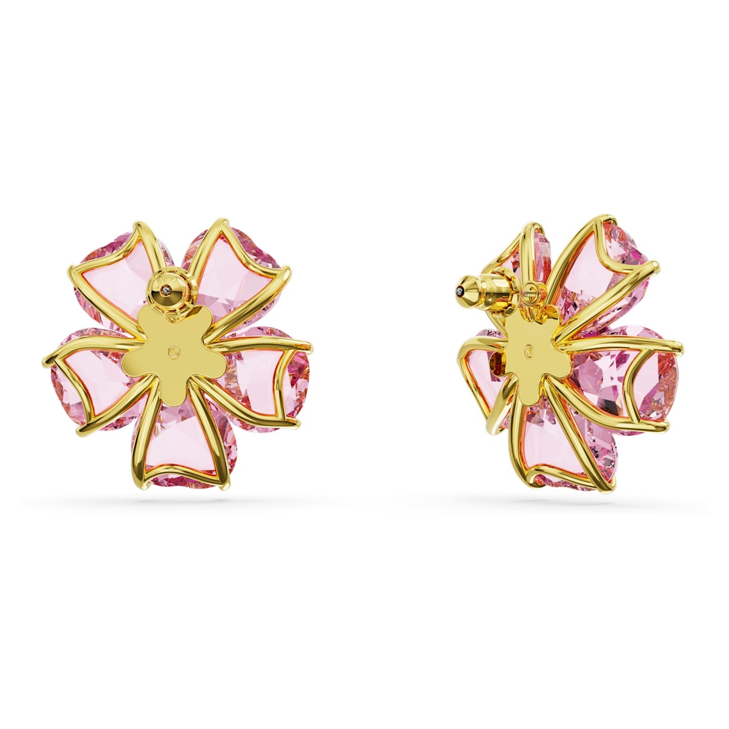 Florere Gold-tone Plated Pink Flower Stud Earrings with Swarovski Crystals