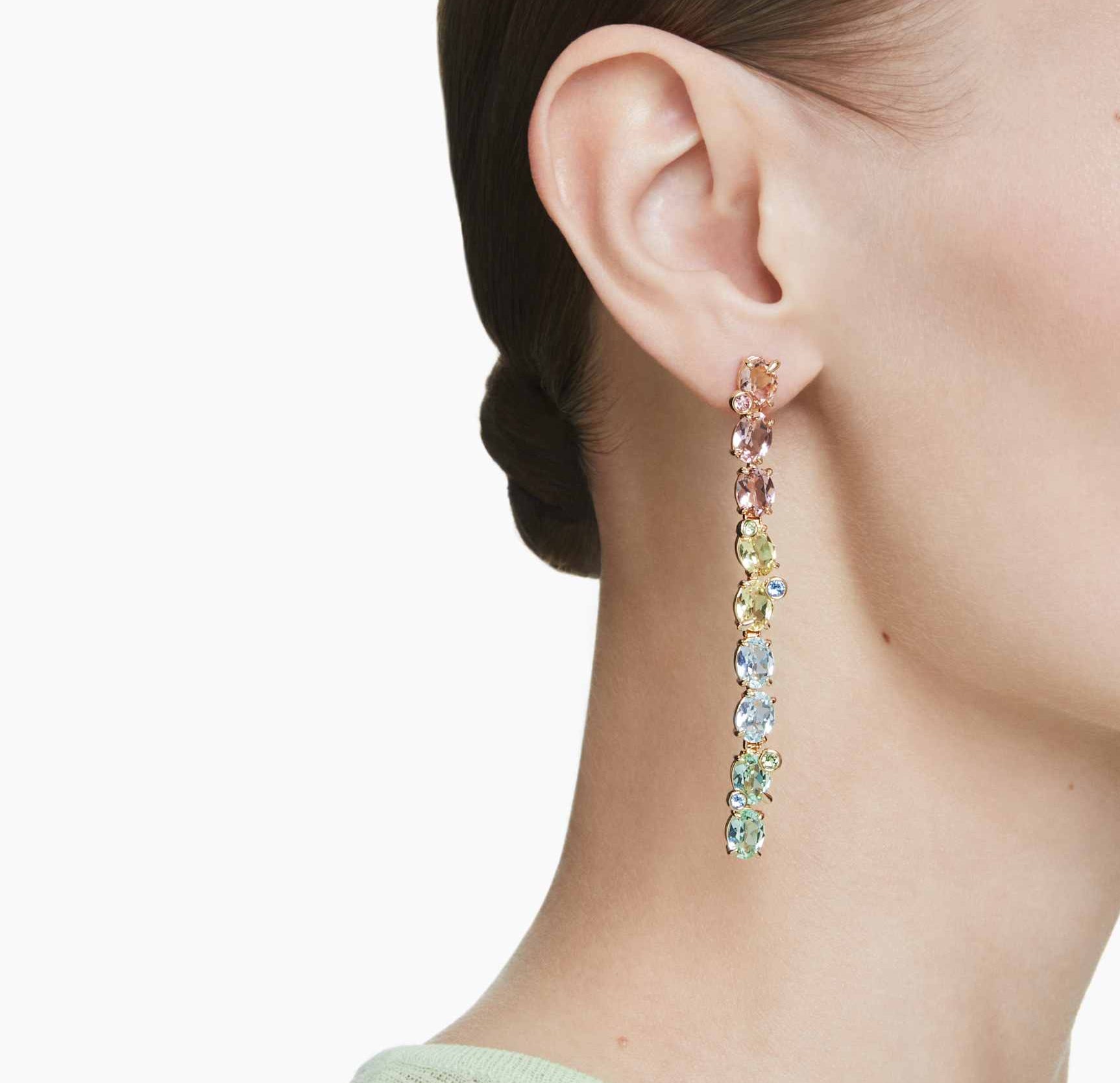 Swarovski Gema Asymmetrical Multicolored Gold-Tone Long Crystal Drop Earrings