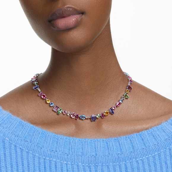 Swarovski Gema Multicolored Rhodium Plated Necklace: Mixed Crystal Cuts, Dazzling Elegance