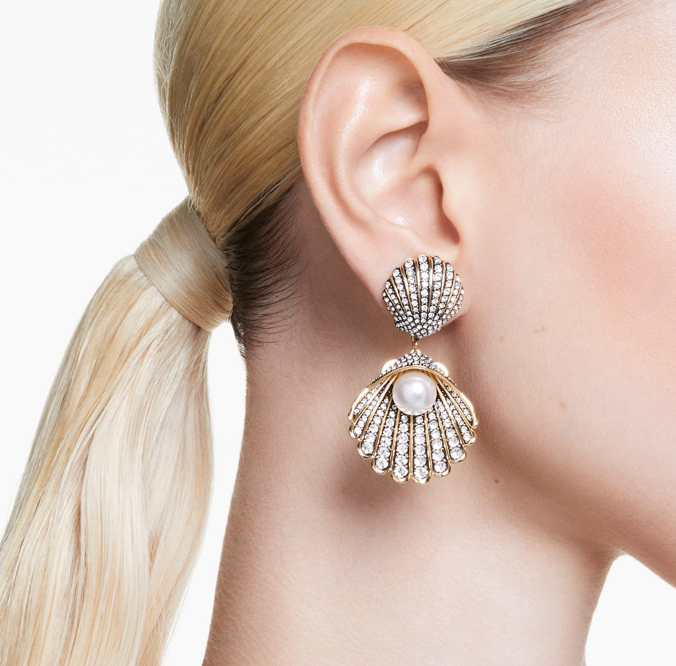 SWAROVSKI Idyllia Gold‑Tone Clip Earrings with Crystal Pearl Ocean Inspiration