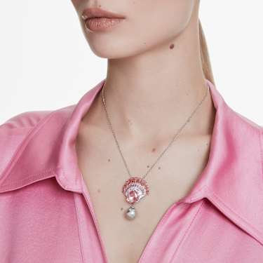 Idyllia Pendant: Elegant Pink Crystal Pearl Shell Rhodium Plated Necklace