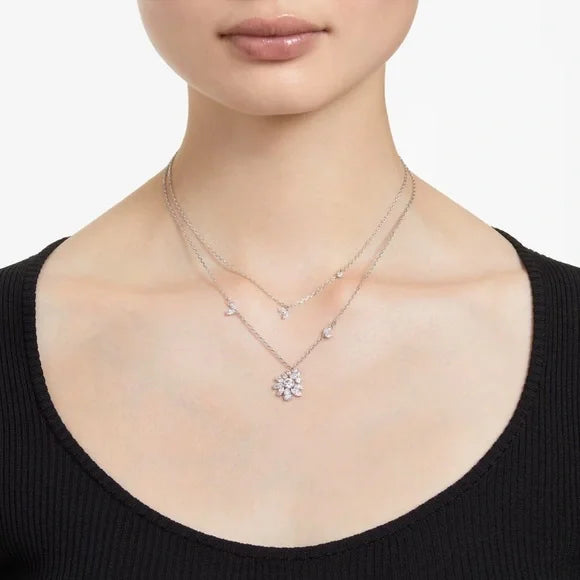 Swarovski Gema Collection Mixed Crystal Flower Layered Necklace, Rhodium Plated