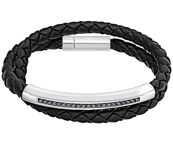 Swarovski Men's Gray Leather Bracelet with Crystal Pavé Steel Clasp