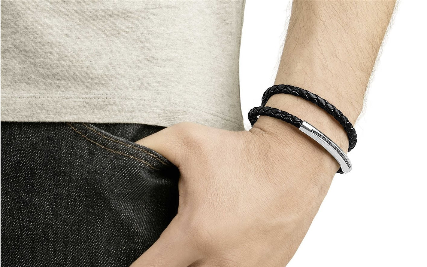 Swarovski Men's Gray Leather Bracelet with Crystal Pavé Steel Clasp