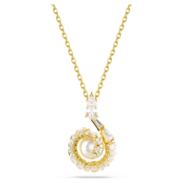Elegant Crystal Pearl Snake Pendant Necklace, Gold-Tone Plated, Mixed Cuts Zirconia