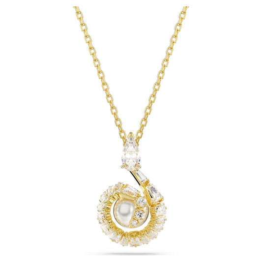 Elegant Crystal Pearl Snake Pendant Necklace, Gold-Tone Plated, Mixed Cuts Zirconia
