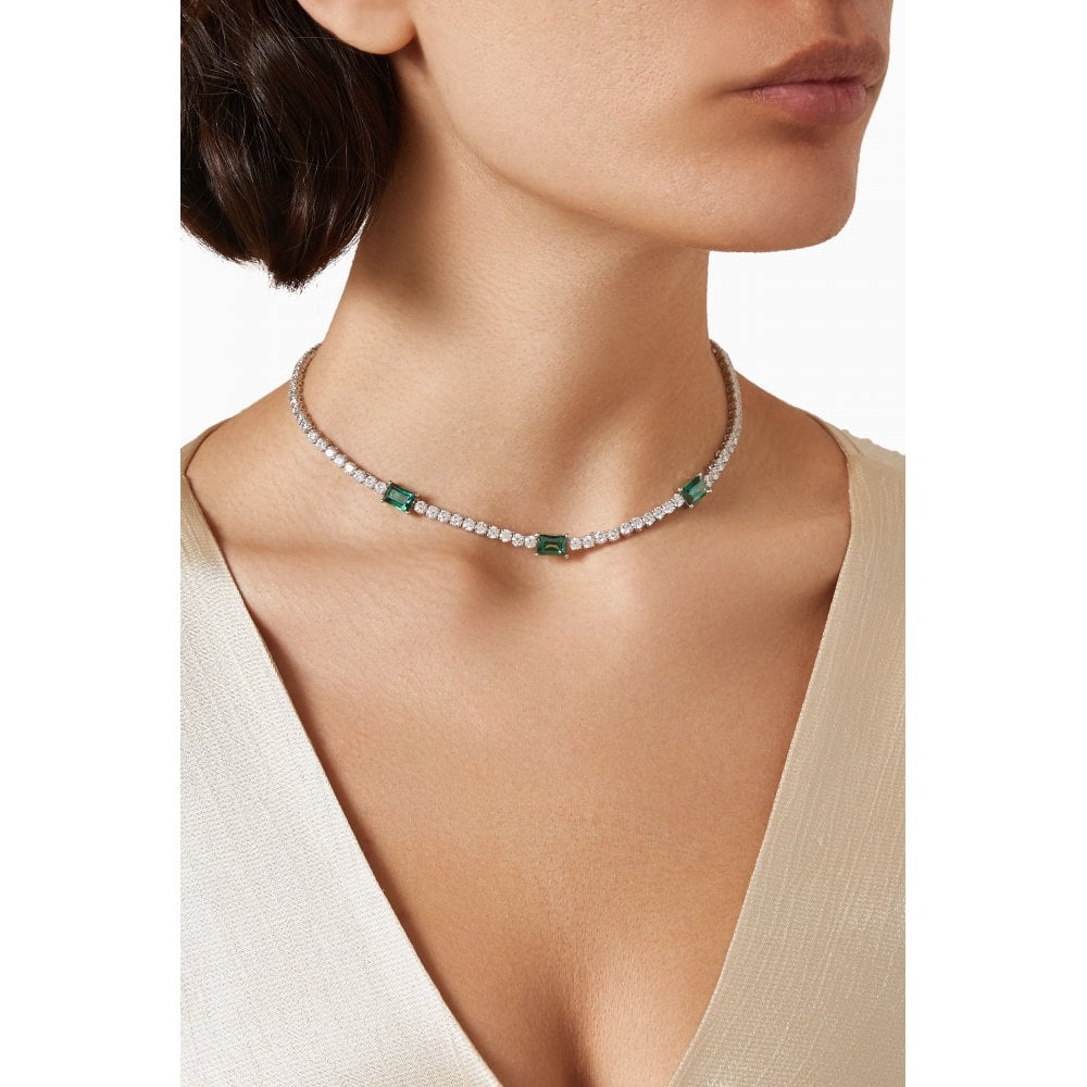 Swarovski Matrix Tennis Necklace: Green Mixed-Cut Zirconia, Rhodium Plated Elegance