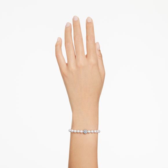 Elegant Swarovski Remix Strand: White Crystal Pearls, Rhodium Plated, Adjustable Bracelet