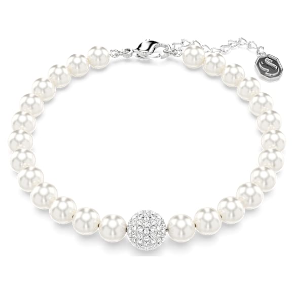 Elegant Swarovski Remix Strand: White Crystal Pearls, Rhodium Plated, Adjustable Bracelet