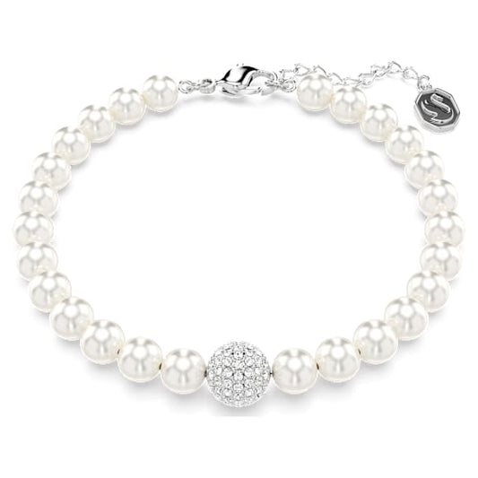 Elegant Swarovski Remix Strand: White Crystal Pearls, Rhodium Plated, Adjustable Bracelet