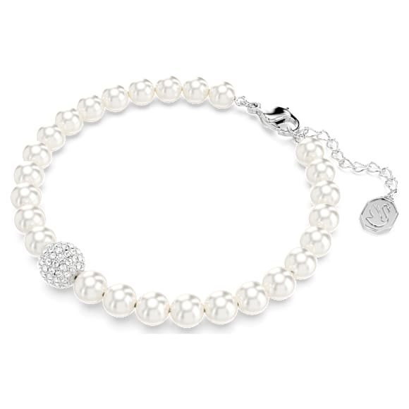 Elegant Swarovski Remix Strand: White Crystal Pearls, Rhodium Plated, Adjustable Bracelet
