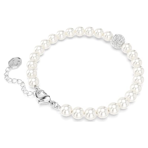 Elegant Swarovski Remix Strand: White Crystal Pearls, Rhodium Plated, Adjustable Bracelet