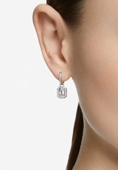 Elegant Octagon Cut White Crystal Drop Earrings with Rhodium Plating