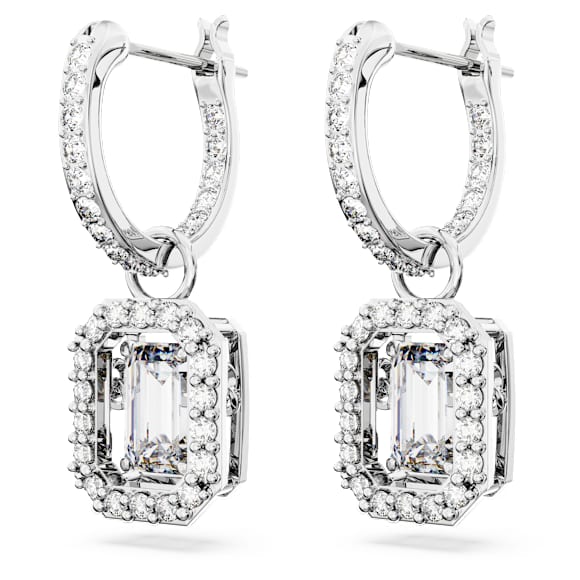 Elegant Octagon Cut White Crystal Drop Earrings with Rhodium Plating