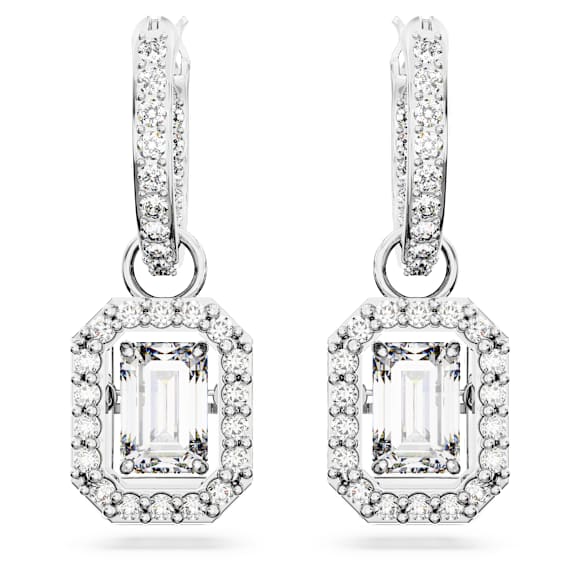 Elegant Octagon Cut White Crystal Drop Earrings with Rhodium Plating