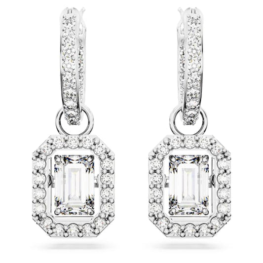 Elegant Octagon Cut White Crystal Drop Earrings with Rhodium Plating